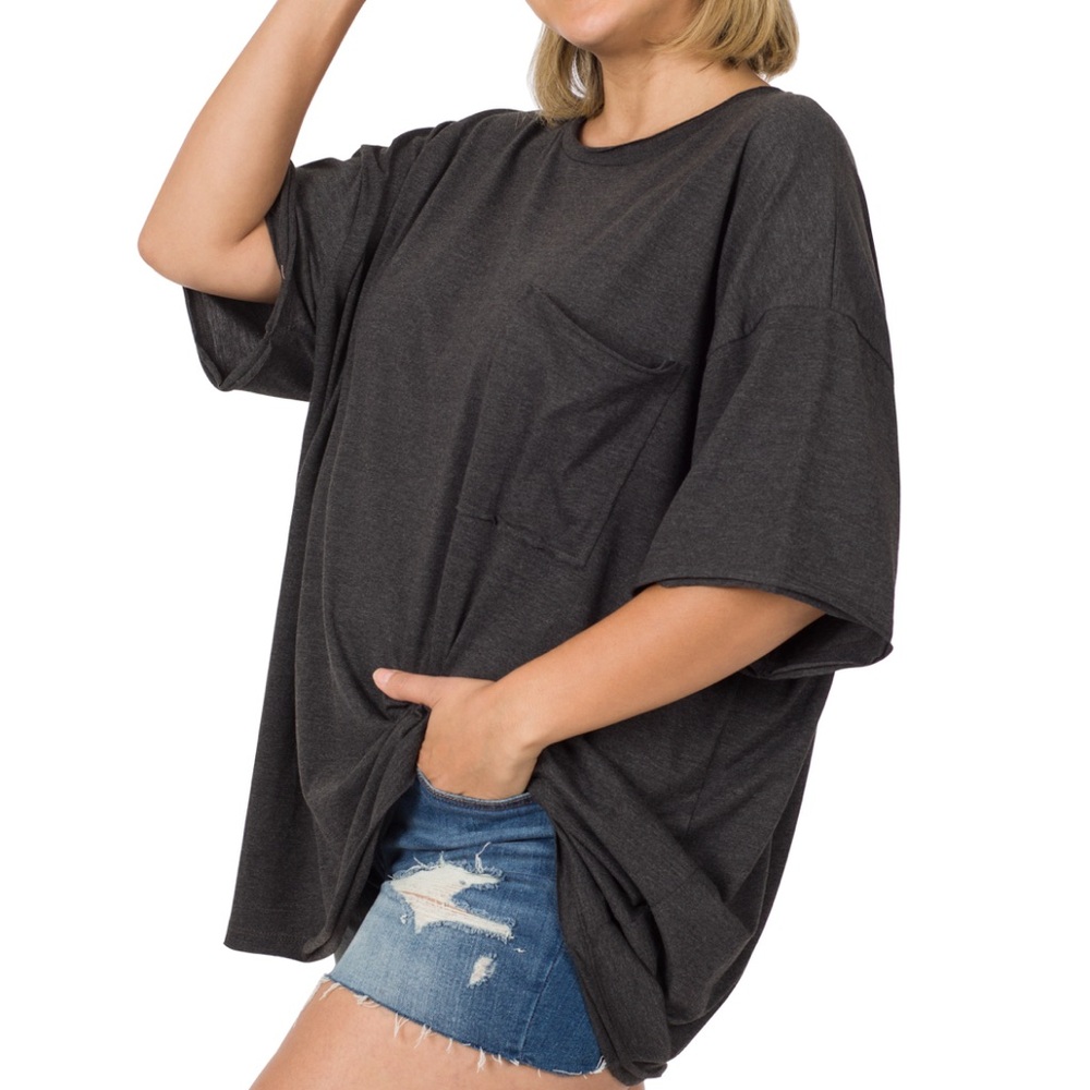 ZENANA Oversized Raw Edge Front Pocket Hi Low Tee Top - Picture 4 of 14